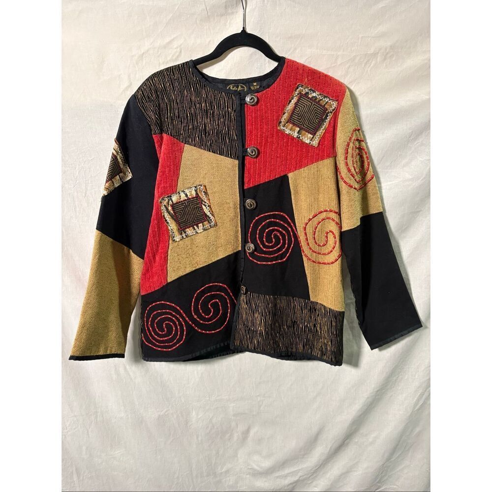 Vtg Julia Kim Art to Wear Patchwork Embroidered Jacket M Boho Indie Flax Blnd